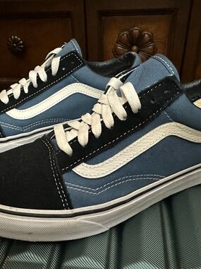 Vans Blue and Black Low-Top Skate Sneakers with White Stripe, Never worn!